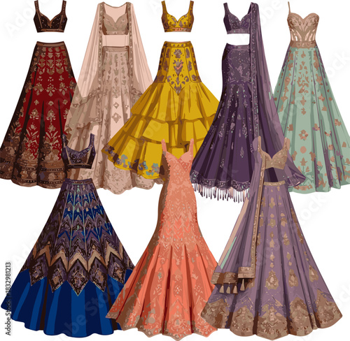 Create a kinds of different modern weeding lehenga vector art with white background.