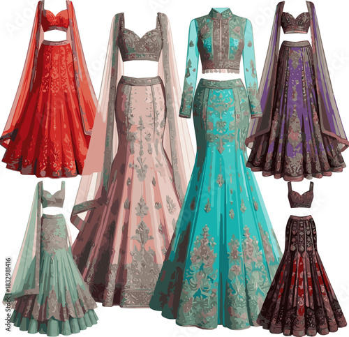 Create a kinds of different modern weeding lehenga vector art with white background.
