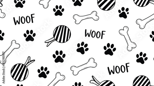 Seamless Black and White Dog Doodle Pattern, Paw Prints, Bones, Toys, Woof Text, Hand-Drawn Pet Background, Cute Vector Wallpaper