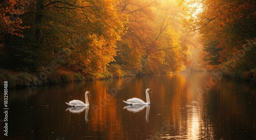 Fototapeta Naklejka Na Ścianę i Meble -  Autumn Serenity Swans on Canal - Two swans glide peacefully on a canal, embodying grace, tranquility, love, serenity, and nature in an autumn landscape