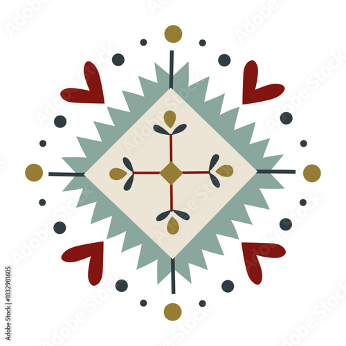 Nordic diamond ornament with bold accents and botanical details. Ideal for festive projects, winter branding, seasonal packaging, folk inspired textiles, holiday illustrations. Vector design element