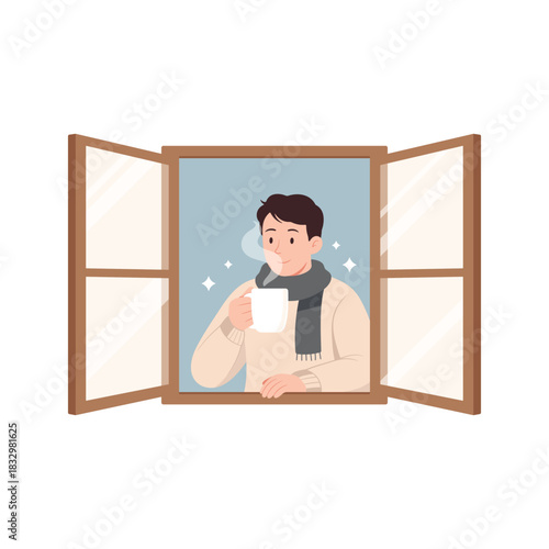 A man drinking hot coffee while looking out an open window. Cozy winter atmosphere with warm clothes and scarf. Flat vector illustration.