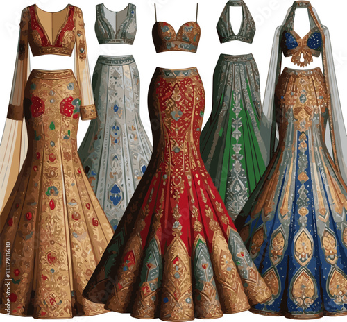 Create a kinds of different modern weeding lehenga vector art with white background.