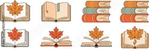 Set of colorful vector icons depicting open and stacked books with autumn maple leaves, symbolizing fall reading, education, learning, and back-to-school season concepts.
