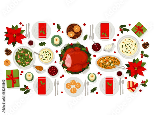 Festive holiday dinner table setting with a roasted turkey, side dishes, poinsettias, and wrapped gifts arranged on a white background.