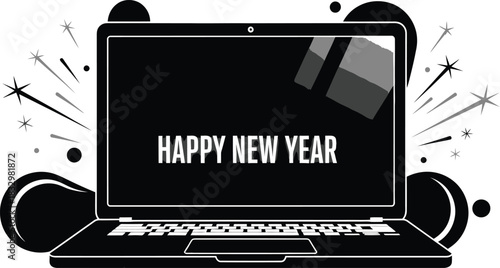 Celebrate New Year with this modern computer showing Happy New Year message and fireworks graphic