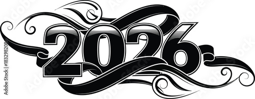 Stylish 2026 new year design with flowing black ribbons and glossy letters for modern event invitations