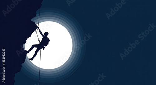 Silhouette of a rock climber ascending a cliff face against a large moon rock climbing