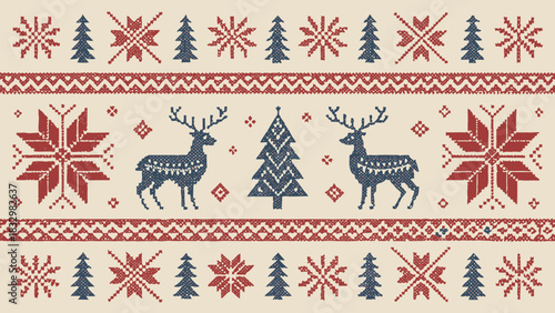 Festive winter holiday knitted pattern featuring reindeer, trees, and snowflakes for a cozy Christmas atmosphere