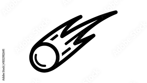 Comet vector, bold contour lines, glowing core with long trailing tail, astronomy-themed icon, isolated for stock images