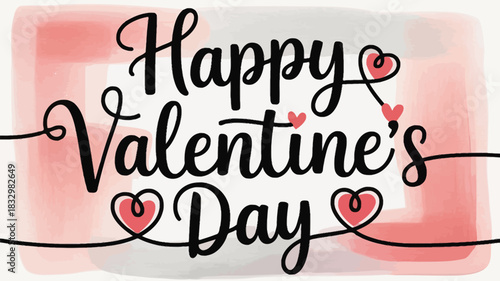 Happy valentines day handwritten calligraphy with pink watercolor background and small red hearts a romantic greeting for couples and loved ones celebrating this special occasion