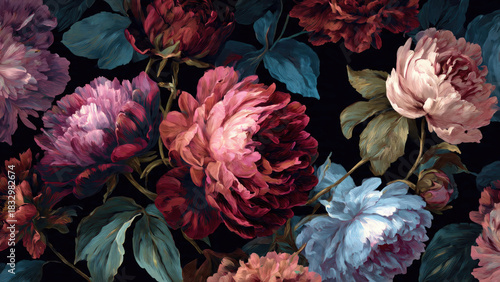 A luxuriant, dark floral pattern featuring large, vibrant peonies in shades of deep pink, red, and blue with rich green leaves, exuding a vintage opulence.