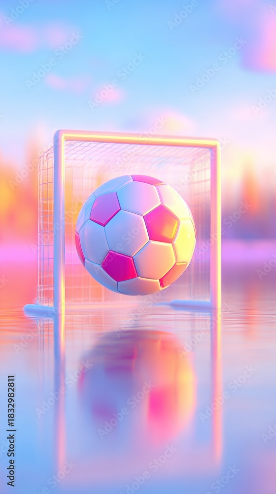 Fototapeta premium Soccer Ball Goal: A vibrant soccer ball suspended within a net, with dreamlike soft colors reflected in the water, capturing the essence of sports and leisure.
