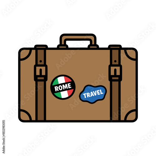 Brown Leather Vintage Suitcase With Rome Italy Flag Sticker And Blue Travel Sticker On White Background Flat Vector Art Minimalist Sticker Style 2d Illustration