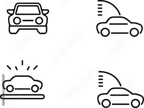 Smart car technology and automated driving system line icons set, vehicle connectivity, sensor safety, and autonomous transportation vector illustration