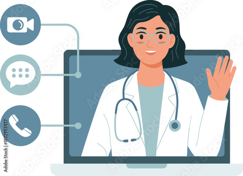 Smiling female doctor on laptop screen illustration for telemedicine, virtual medical consultation, online healthcare service, remote diagnosis, and video call application concept.