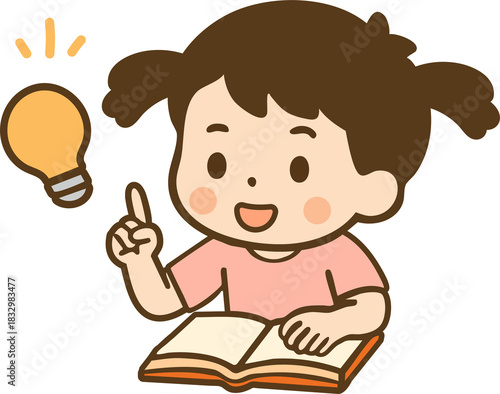 Kid writing in a book with idea lamp