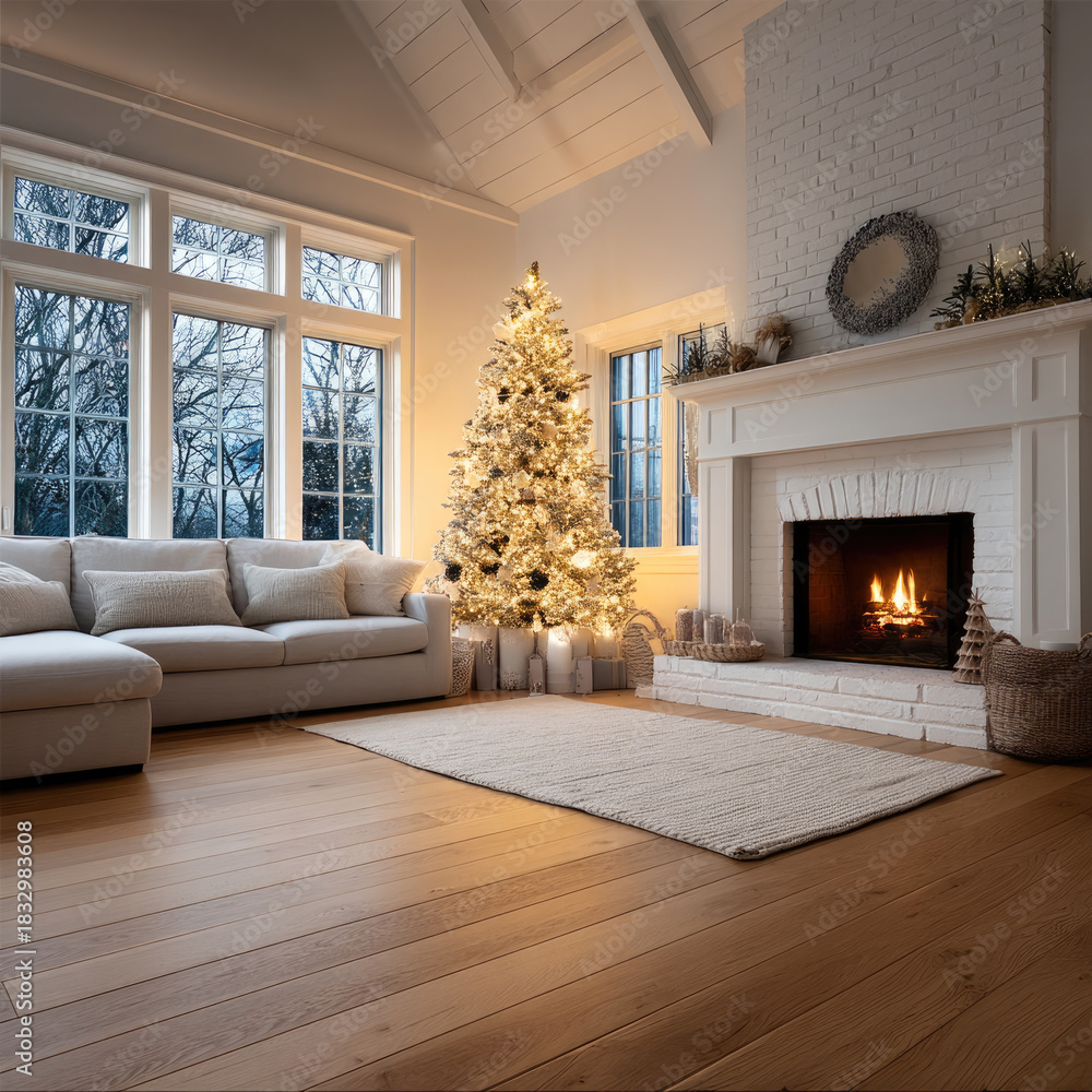 Fototapeta premium Cozy living room with Christmas tree white sofa fireplace wooden floor large windows winter warm light holiday decor