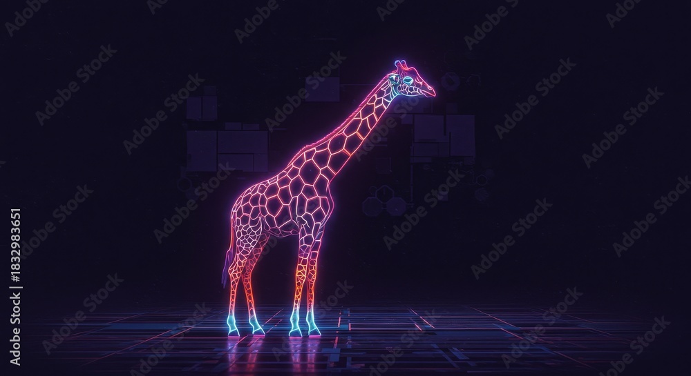 Fototapeta premium Cyber Giraffe In Darkspace - Neon giraffe in dark cyberspace, symbolizing evolution, technological advancement, innovative spirit, abstract concept, and futuristic design
