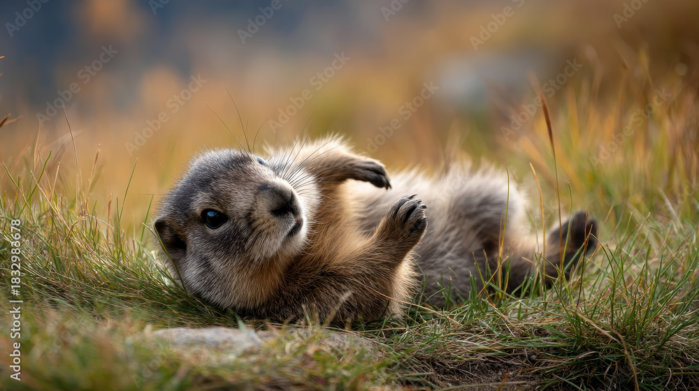 Fototapeta premium A cute groundhog on a festive spring day. Groundhog Day. A groundhog with fluffy fur. Landscape view.