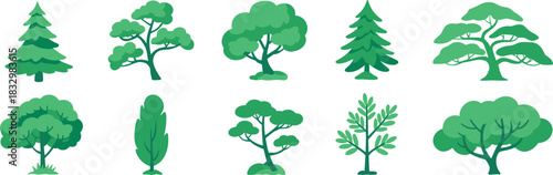 Stylized Green Tree Vector Collection, Featuring Coniferous and Deciduous Forest Elements, Ideal for Landscape Design, Nature Graphics, Environment Protection, and Ecology Projects.
