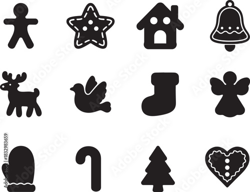  Gingerbread cookie shape and bakery icon vector set in bold silhouette style for festive design.