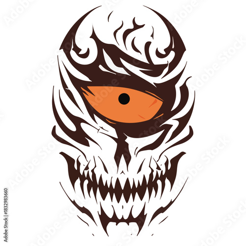Menacing Skull-Like Face Illustration With Vibrant Eye Detail