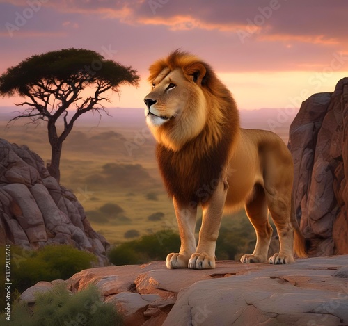 Majestic African lion standing on a rocky cliff at sunrise, golden hour light