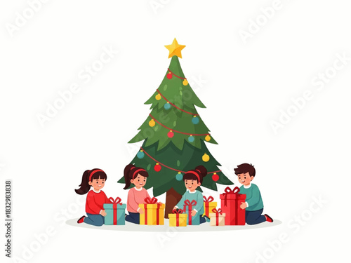 Four children sit around a Christmas tree with presents, celebrating the holiday season with joy and anticipation.
