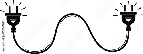 Vector Illustration of Two Electric Plugs and Connecting Cable, Power Supply and Energy Connection Concept, Black and White Graphic for Technology and Electricity Themes.