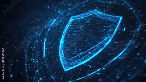 Gleaming blue digital shield emblem against an intricate data background, representing advanced cybersecurity, data protection, and network security.