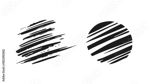 Abstract black brush strokes in a square and circle shape on white background design art
