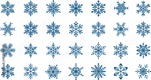 Hand-Drawn Blue Snowflake Vector Set, Scribble Style Winter Ice Crystal Collection, Rustic Christmas Holiday Graphic Elements for Seasonal Decoration and Backgrounds.