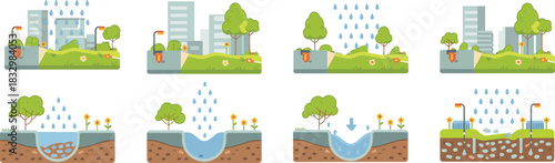 Urban rainwater harvesting and groundwater infiltration system icons, city drainage and water management process, sustainable environment engineering vector illustration