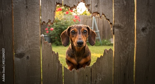 Dachshund Dog Peeking Through Wooden Fence Hole - A curious dachshund peeks through a hole in a wooden fence, symbolizing curiosity, playfulness, mischief, home, and discovery