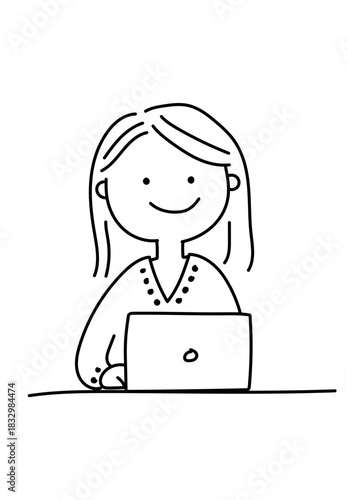 Simple doodle sketch of a happy girl sitting behind an open laptop computer.