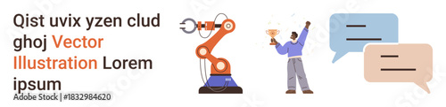 Innovation, collaboration, communication, automation, goals, success. Industrial robot arm, person holding trophy and speech bubbles. Automation and collaboration concept illustrated with modern