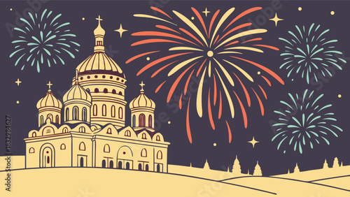 Ornate cathedral illuminated by festive fireworks display at night