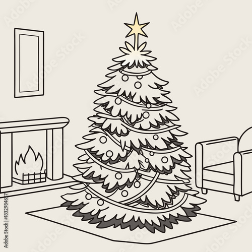 Christmas tree vector with cozy decorated tree in a warm room, suitable for holiday greeting cards, social media posts.