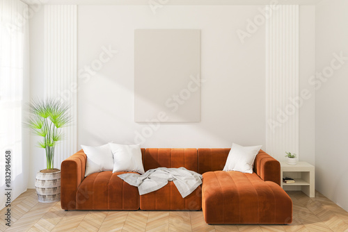A Vertical Frameless Canvas on Light Wall in Modern Interior. 3D Render.