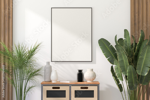 3D Render of Vertical Thin Black Frame on Light Wall in Modern Interior