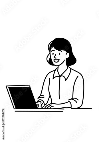 Black and white illustration of a smiling professional woman typing on a laptop.