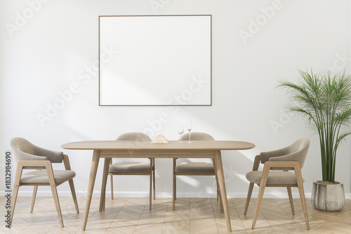 A Horizontal Thin Frame Mockup on Light Wall in Modern Interior. 3D Render.