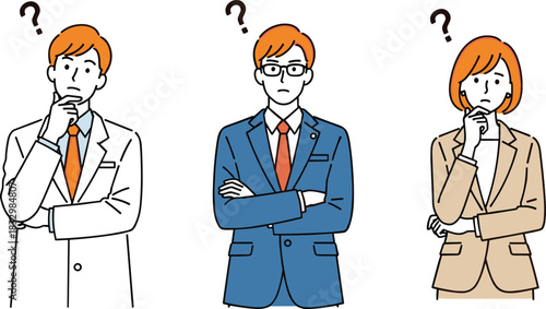 Vector Illustration of Professionals Thinking with Question Marks, Doctor, Businessman, and Businesswoman Looking Puzzled, Problem Solving, Confusion, and Decision Making Concept.