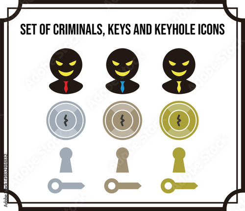 犯罪者と鍵穴、鍵のアイコンのセット/12種類