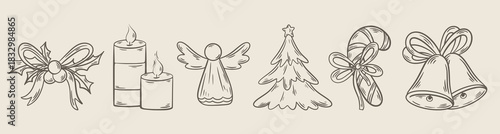 Set of vintage Christmas illustrations. Cute hand drawn compositions for New Year holidays. Retro style, monochrome engraved drawings of fir tree, angel, candy cane, candles and holly. Vector elements