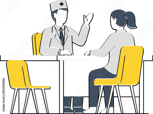 Vector Illustration of Doctor Consulting Female Patient at Desk, Healthcare, Medical Check-up, and Diagnosis Concept, Physician and Woman Discussing Treatment in Clinic.