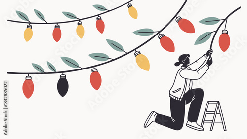 Person decorating with colorful string lights on a ladder