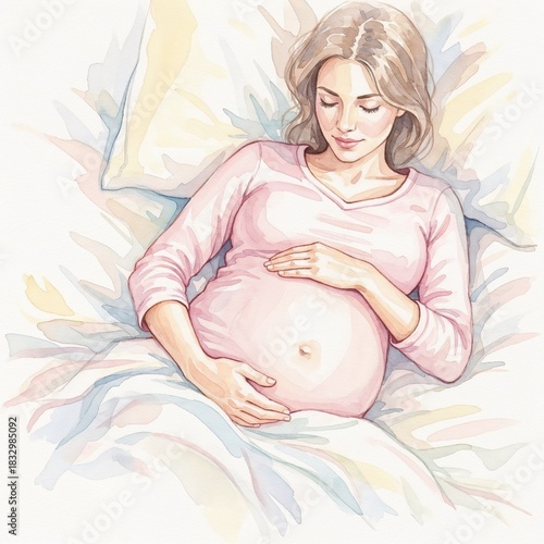 Pregnant woman resting hands on belly while lying on bed  
