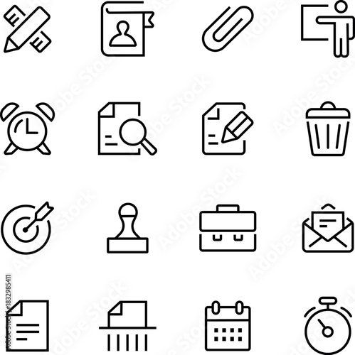 Office And Communication Icons Set Featuring Documents, Tools, Timers, And Scheduling Symbols